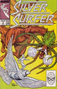 Silver Surfer Issue #8 Reprint ocver featuring The Surfer facing off against the Supreme Intelligence in the form of the Multitude.